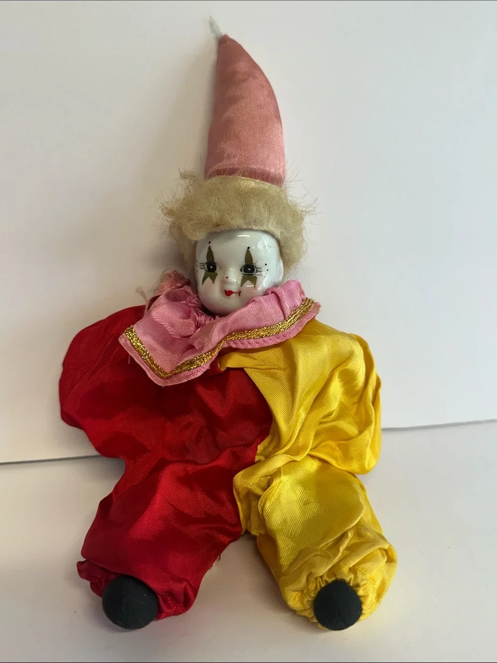 Vintage Style Clown Doll in Red, Yellow & Pink